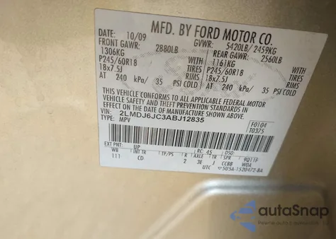 2010 Lincoln Mkx z USA, uszkodzony, nr VIN 2LMDJ6JC3ABJ12835